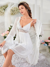 Ruffle Trim Flounce Sleeve Robe & Contrast Lace Cami Sleep Dress PJ Set